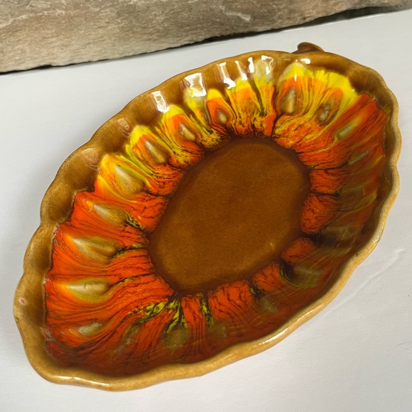 VTG 70s Orange Drip Glaze Candy Dish Leaf  Ceramic Boho 1970s Oval - Picture 5 of 5